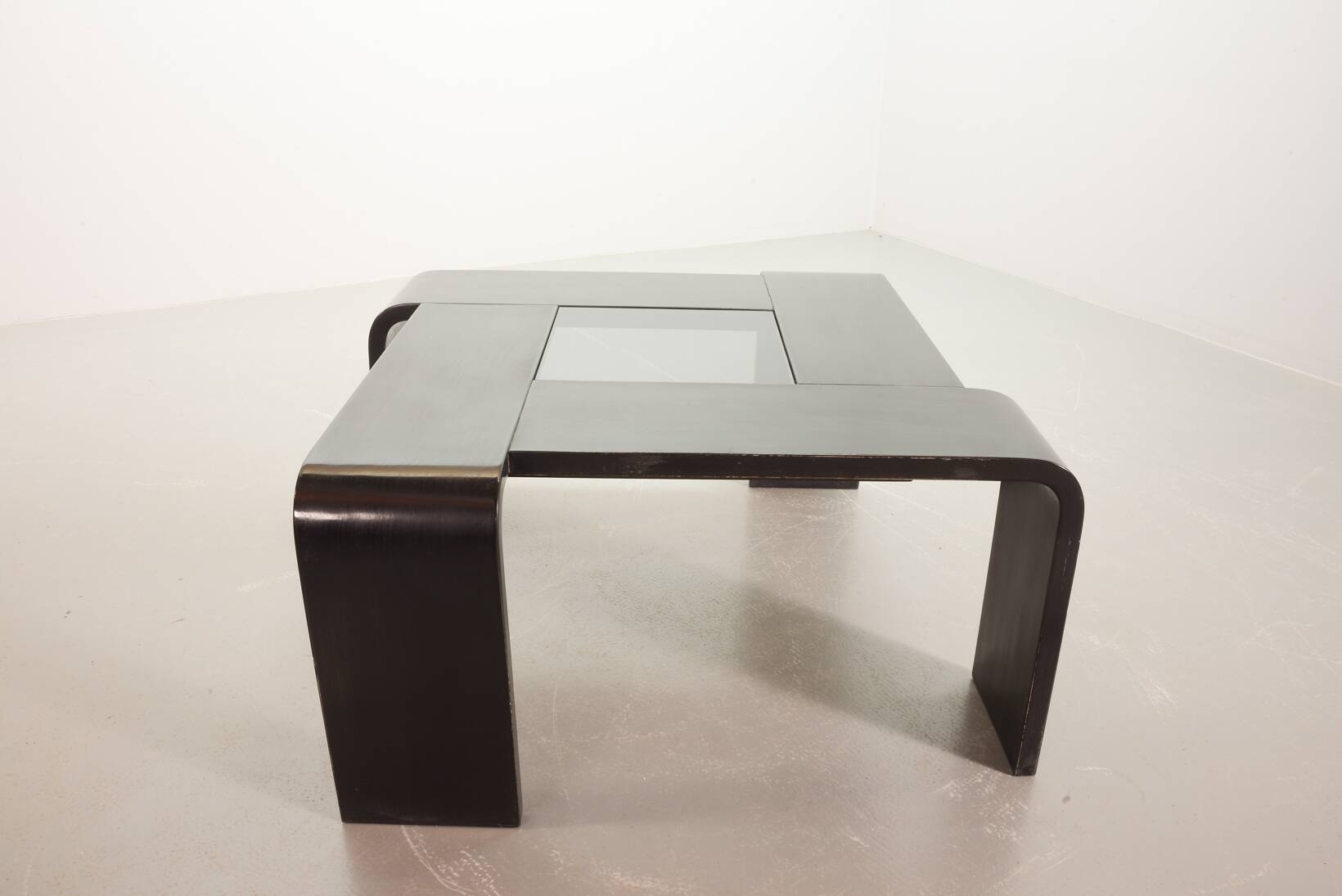 Square Black Lacquered Plywood Coffee Table with Smoked Glass Panel, 1970s