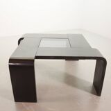 Square Black Lacquered Plywood Coffee Table with Smoked Glass Panel, 1970s