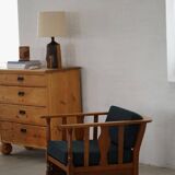 Art Nouveau, pair of oak lounge chairs, reupholstered in style fabric, 1920s.