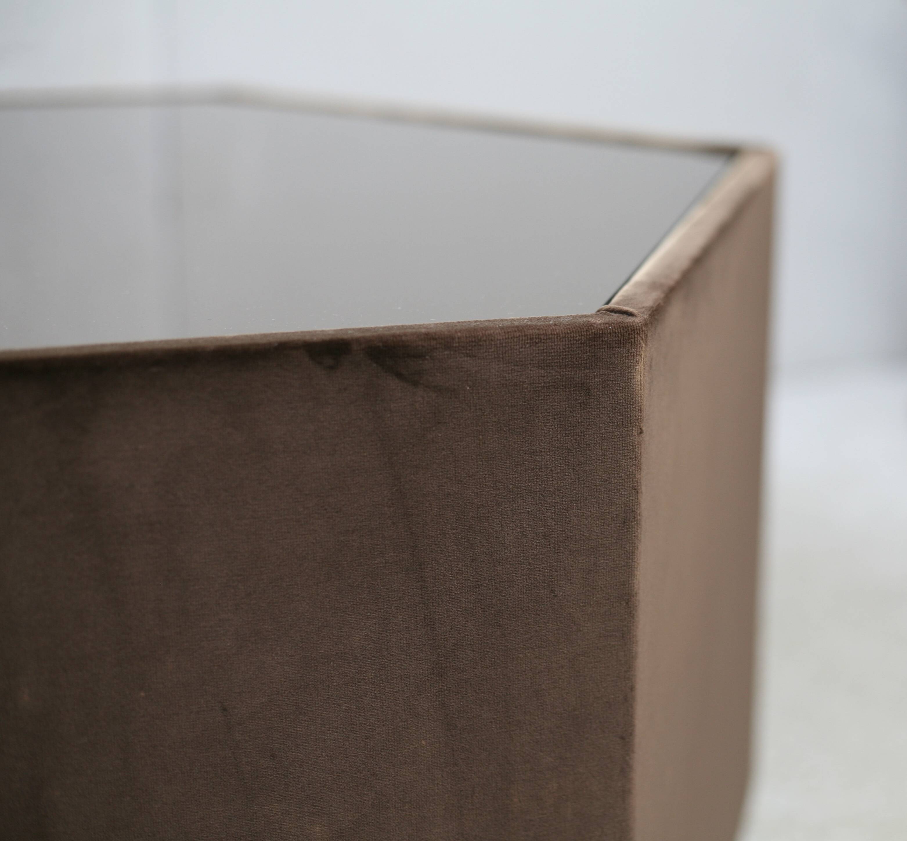 Space age table, hexagonal. Wood, velvet and smoked mirror. Circa 1970