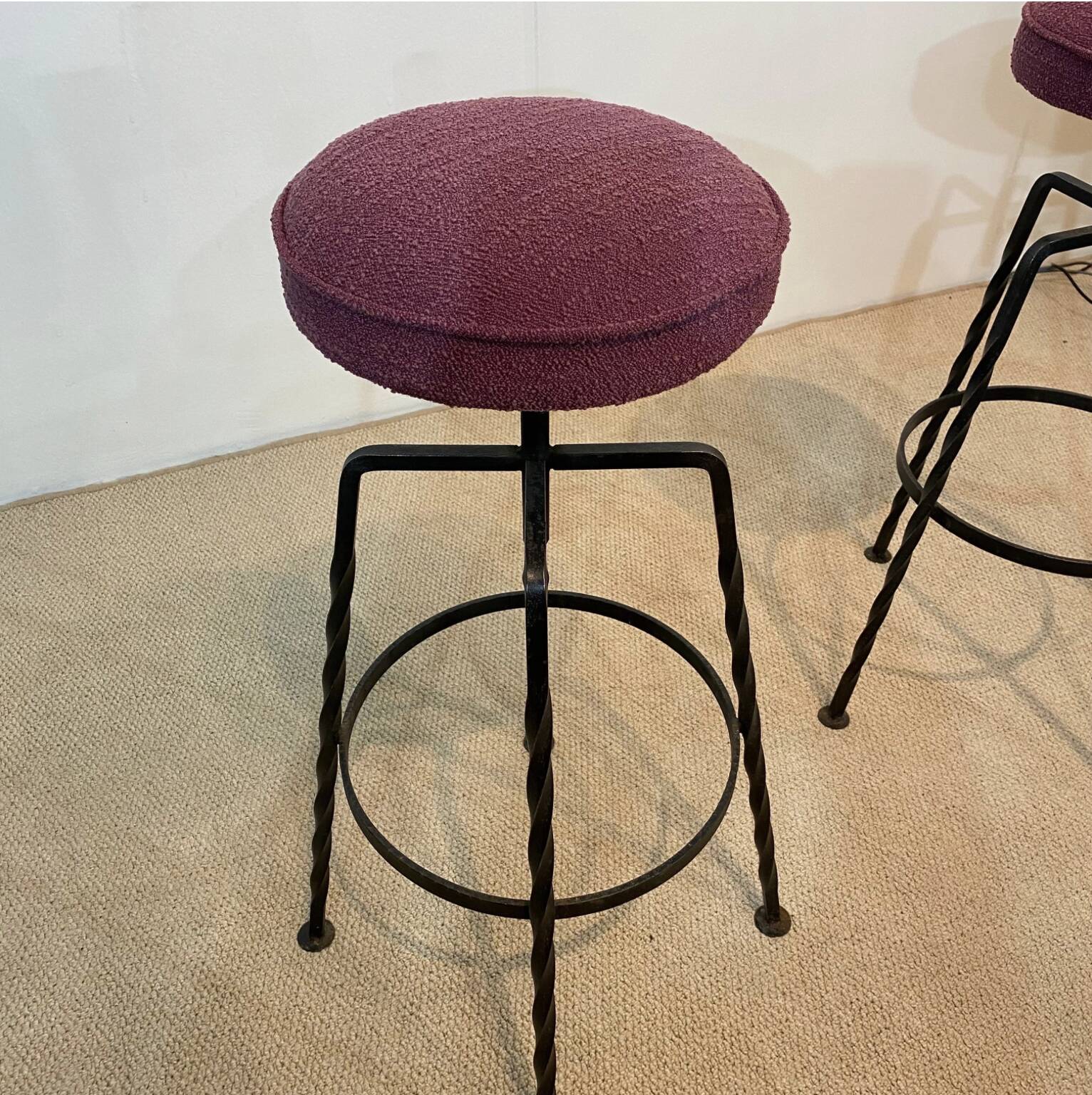 Pair Maroon Boucle Iron Swivel Bar Stools Midcentury Italian Vintage 1950s