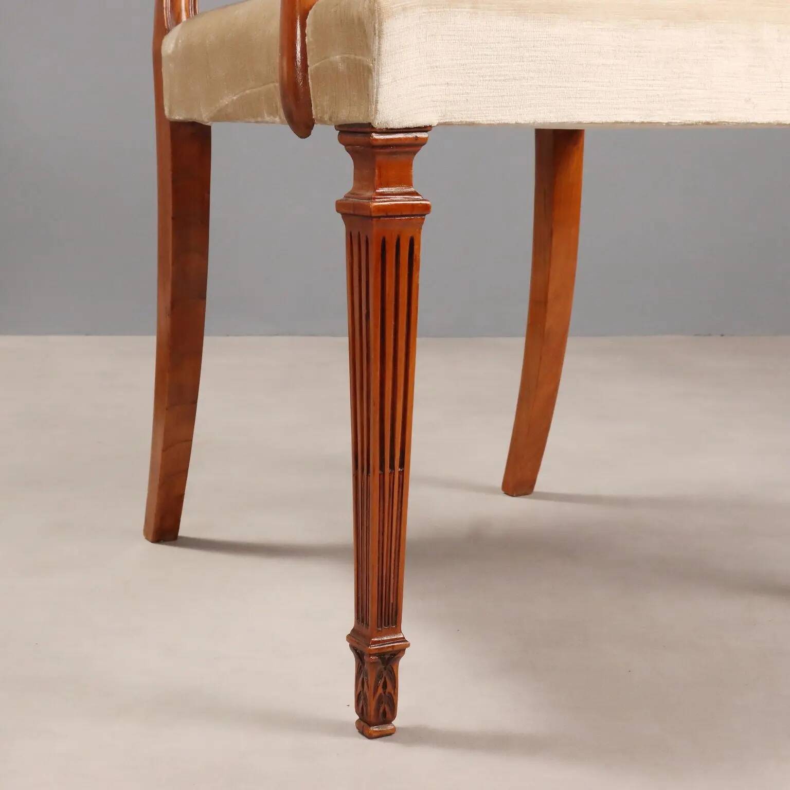 Antique cherry wood and fabric armchairs, United Kingdom, 20th century