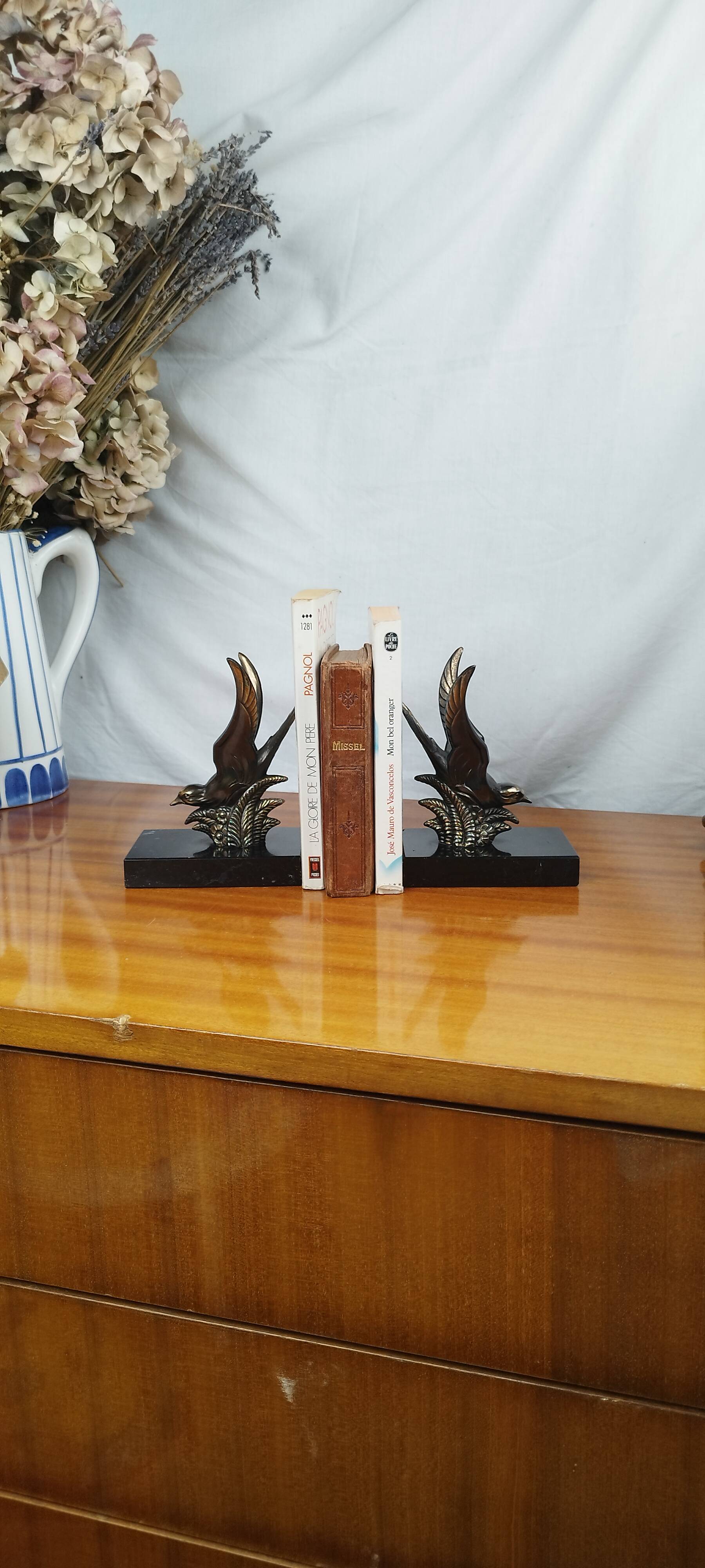 Pair of Art Deco Bookends of Swallows in Flight, Marble & Spelter