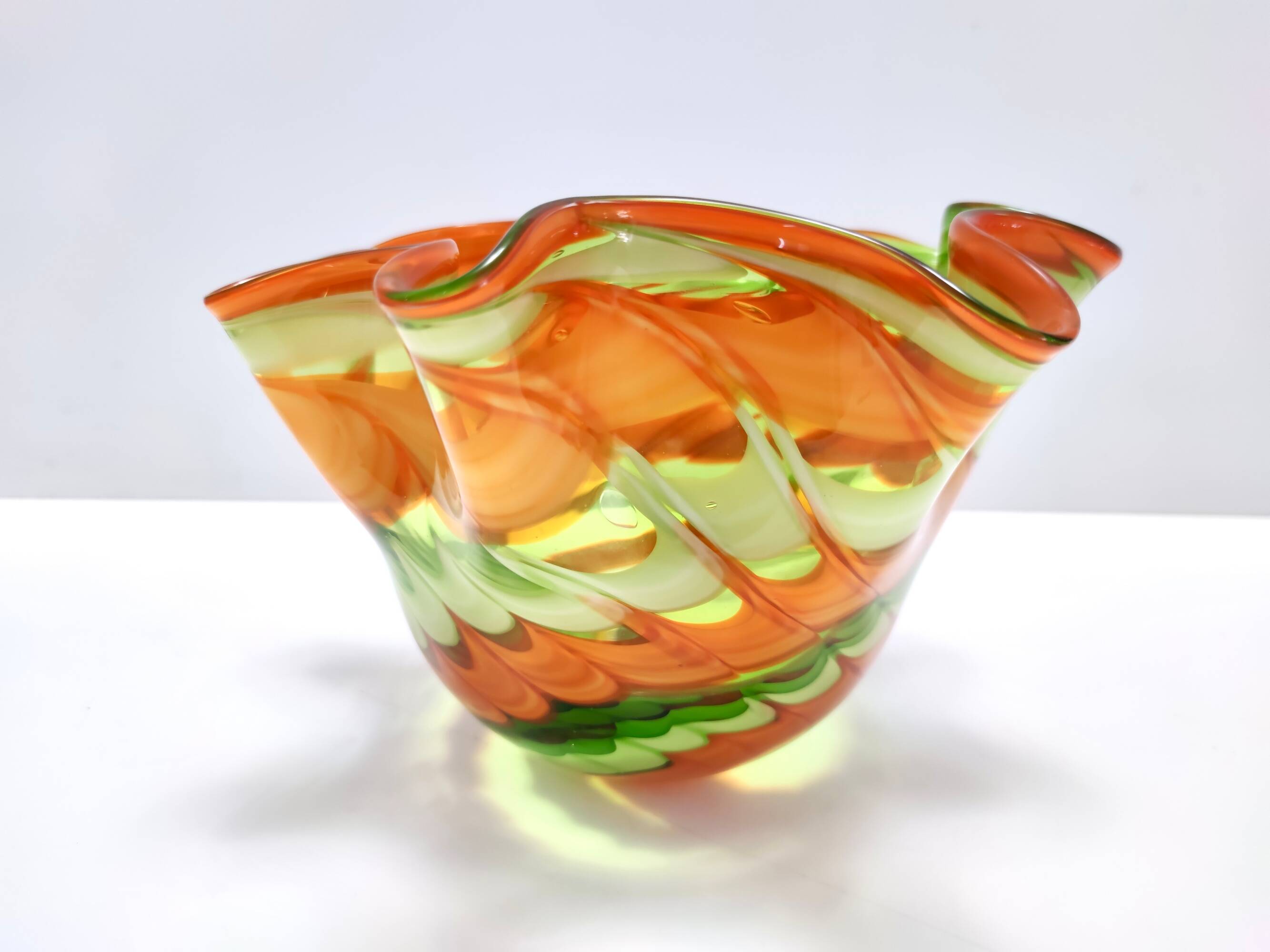 Postmodern Green and Orange Murano Glass Fazzoletto Vase by Fratelli Toso, Italy