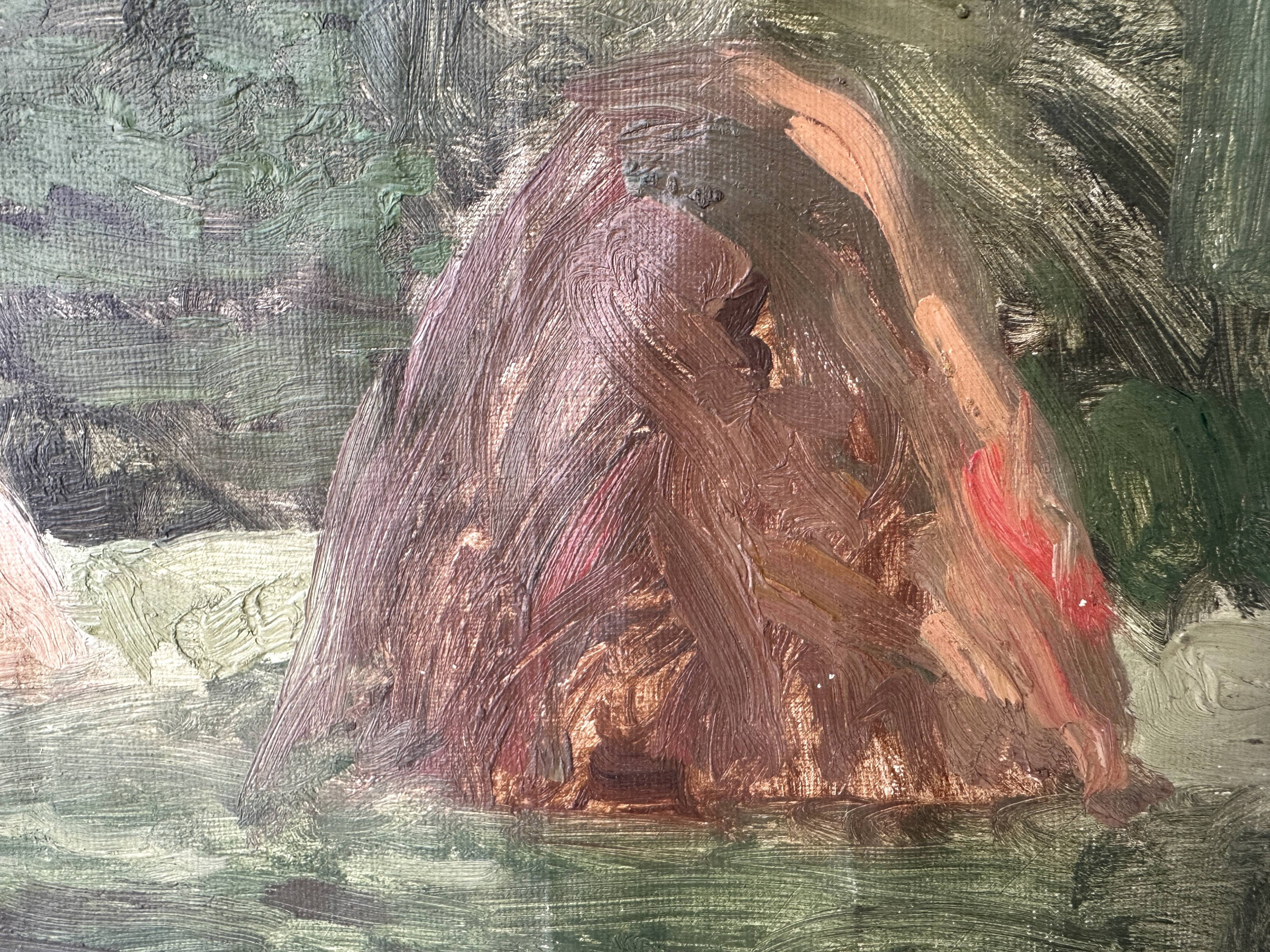 Old oil painting on canvas "The Haystacks" dated 1902.