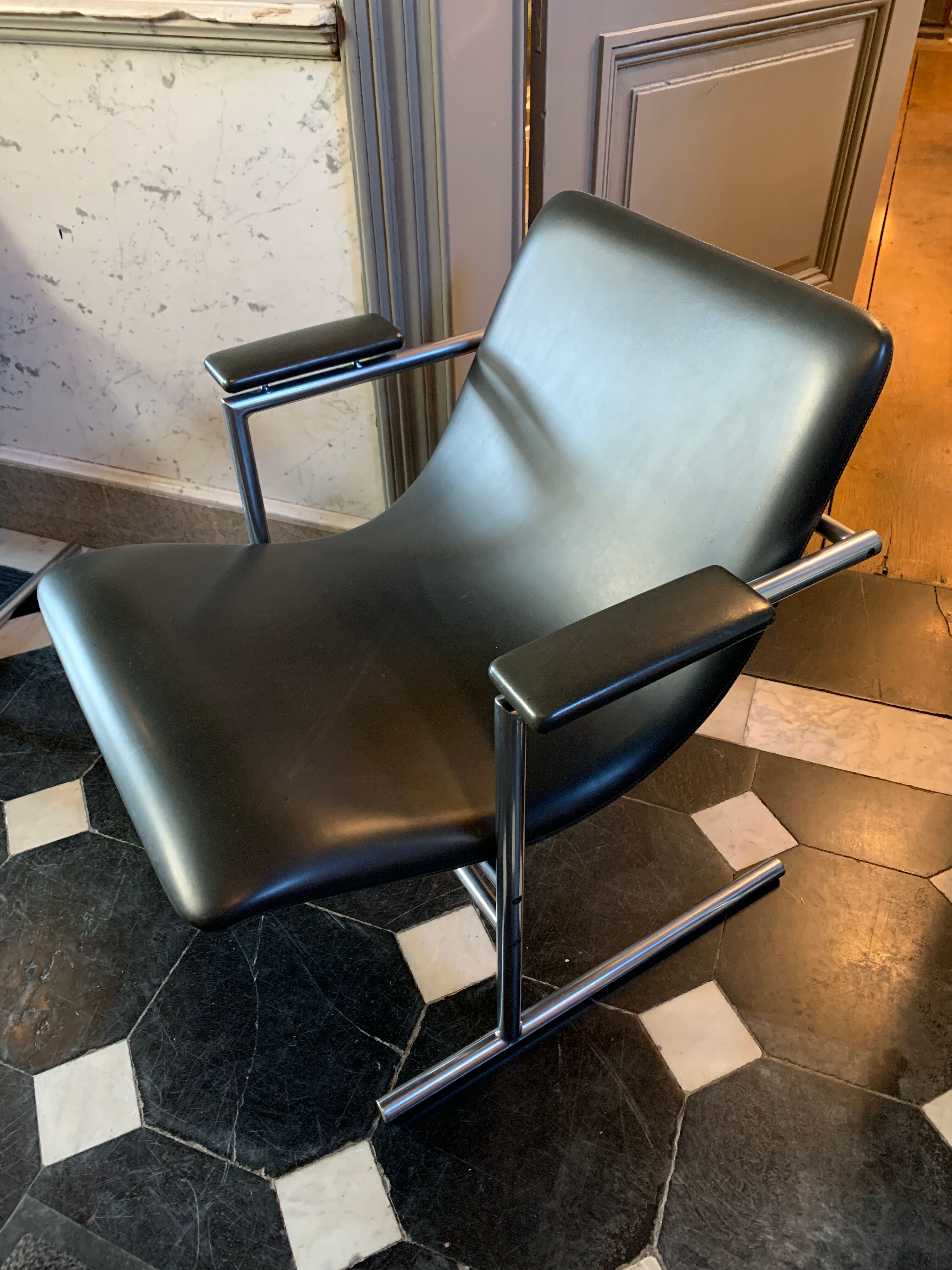 Pair of armchairs " oslo " by rudi verelst for novalux, belgian designer, chrome metal, ca 1970s