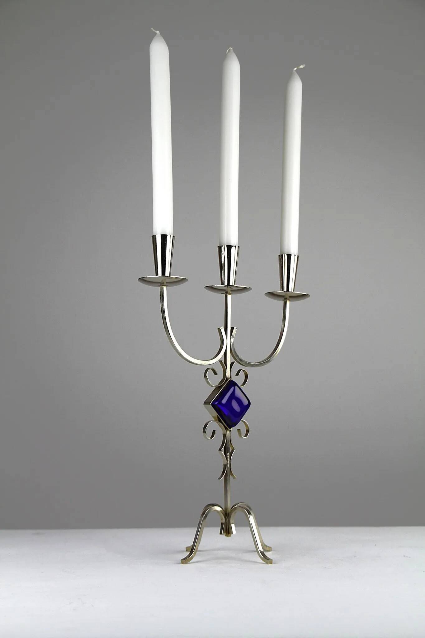 White Brass & Cobalt Blue Art Glass Candelabra by Gunnar Ander for Ystad-Metall — Sweden, 1960s