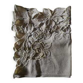 Tablecloth or top of vintage floral linen floral in natural linen