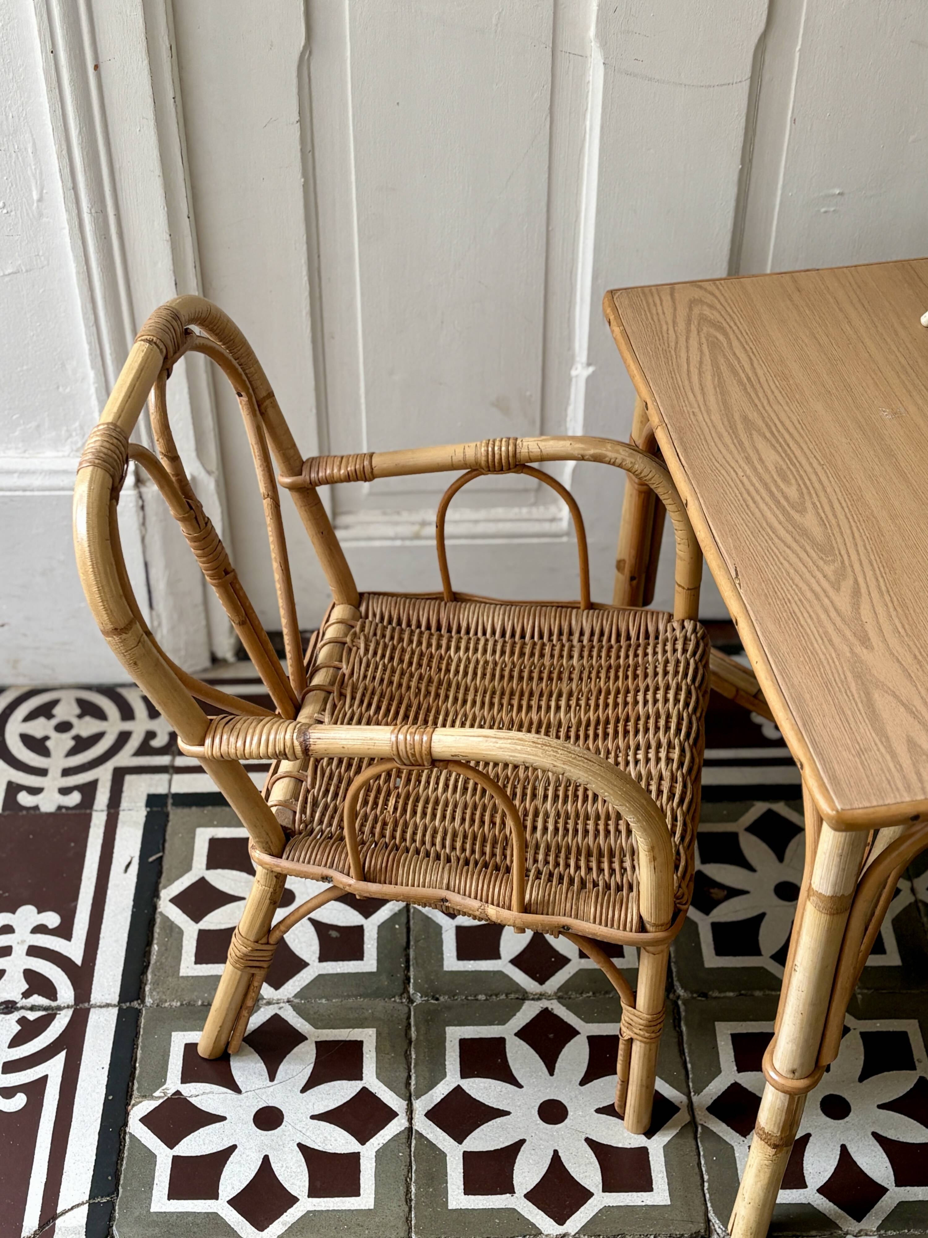 Vintage rattan desk and chair set for children