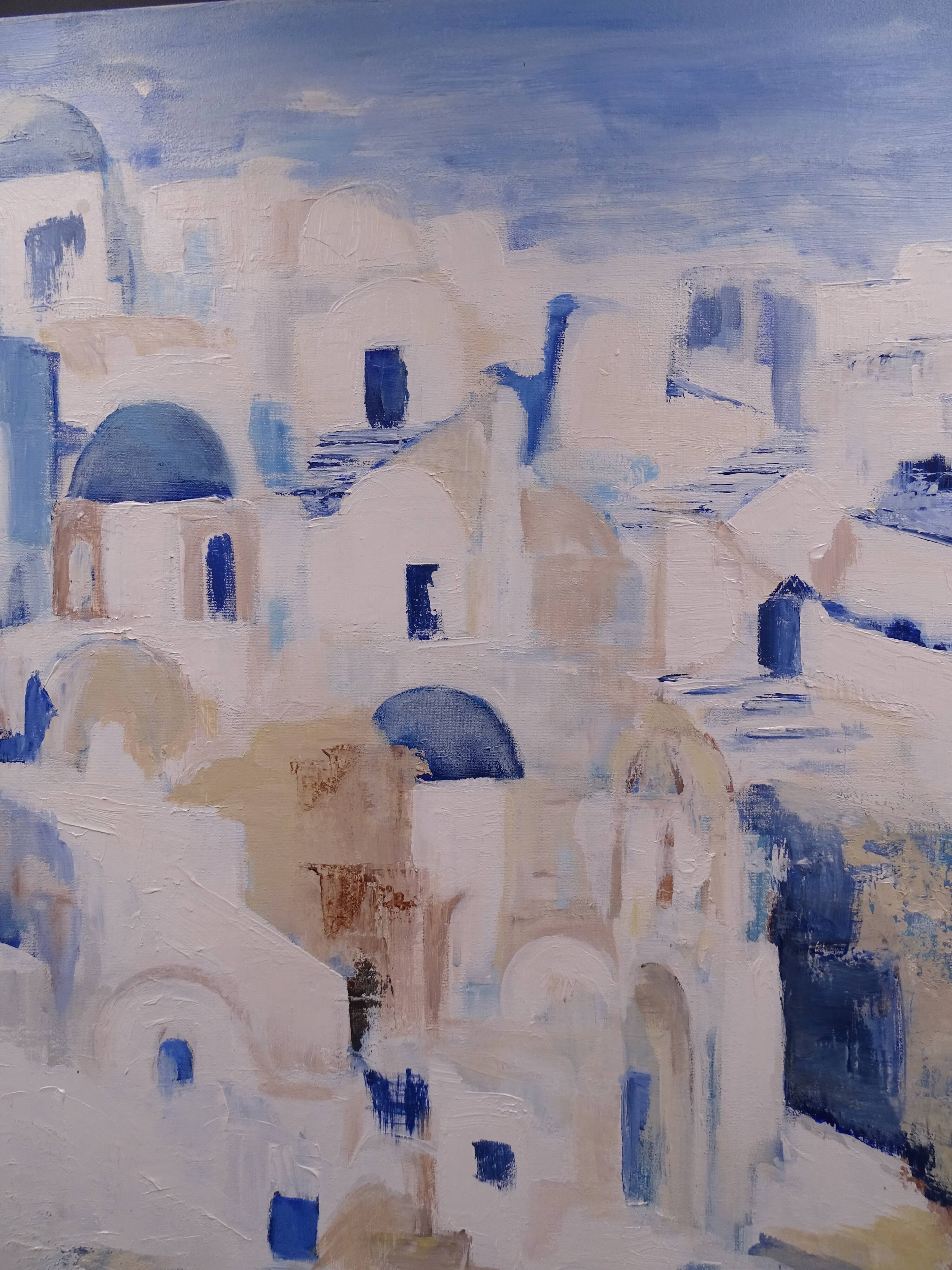 The Greek village - Pastel blue and ochre tones - Signed dated