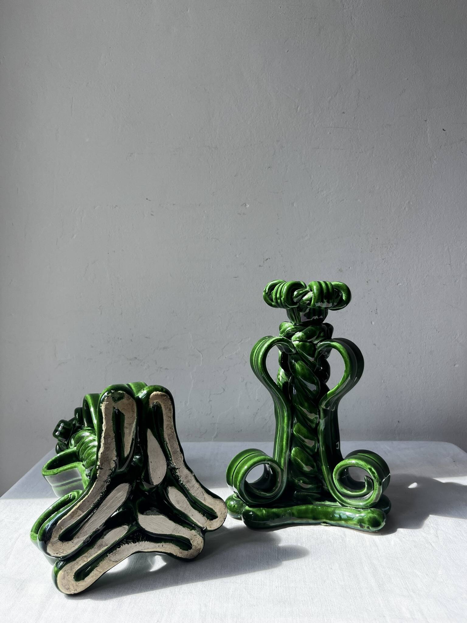 Lot of woven ceramic candle holders in green Vallauris.