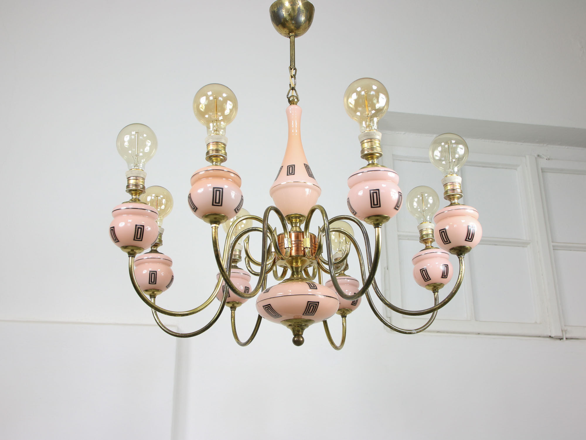 Mid-century brass and glass chandelier