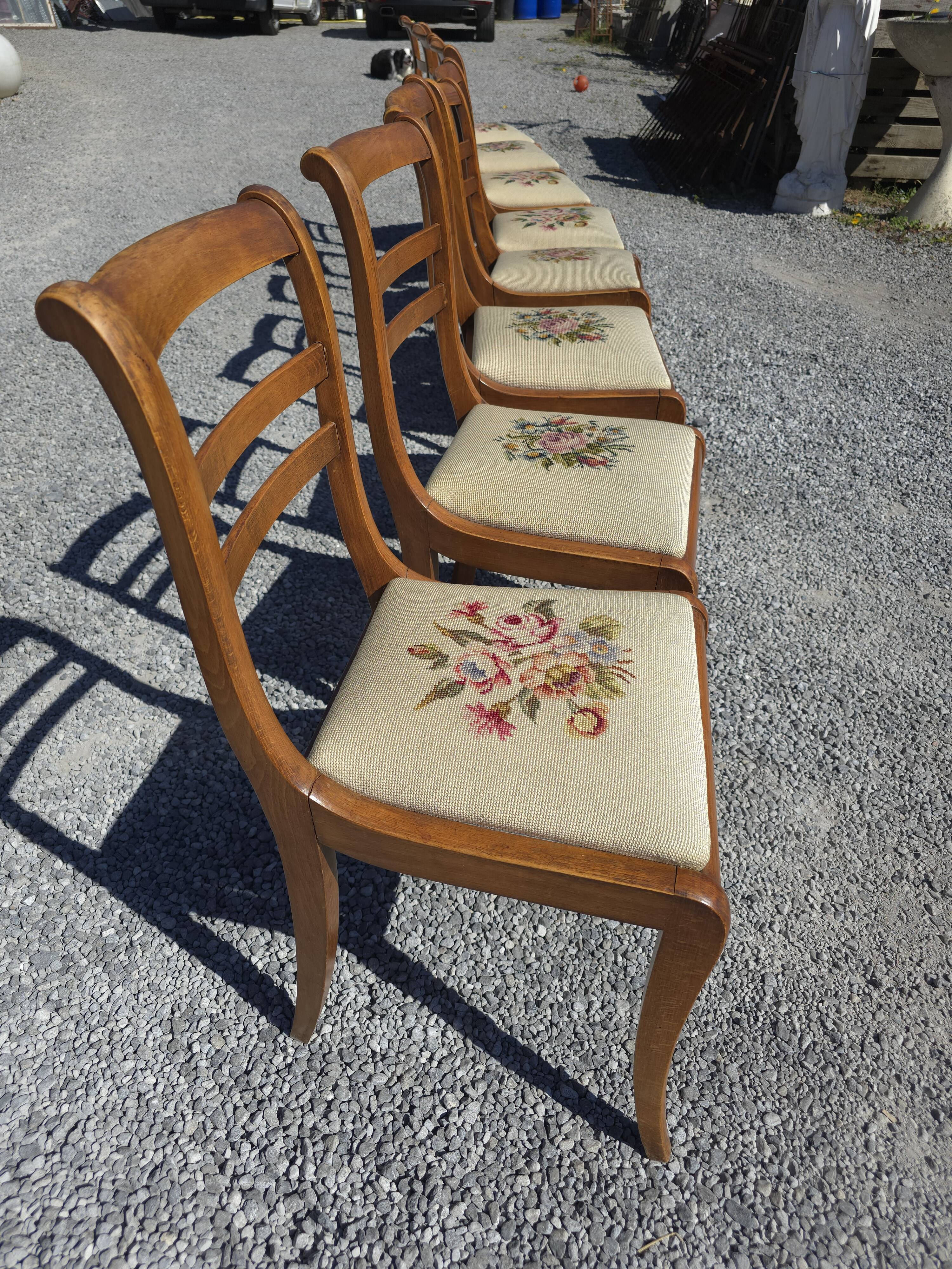 8 cherry wood chairs with embroidered seats