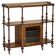 Fine walnut burl bookshelf with brass railing and wheels.