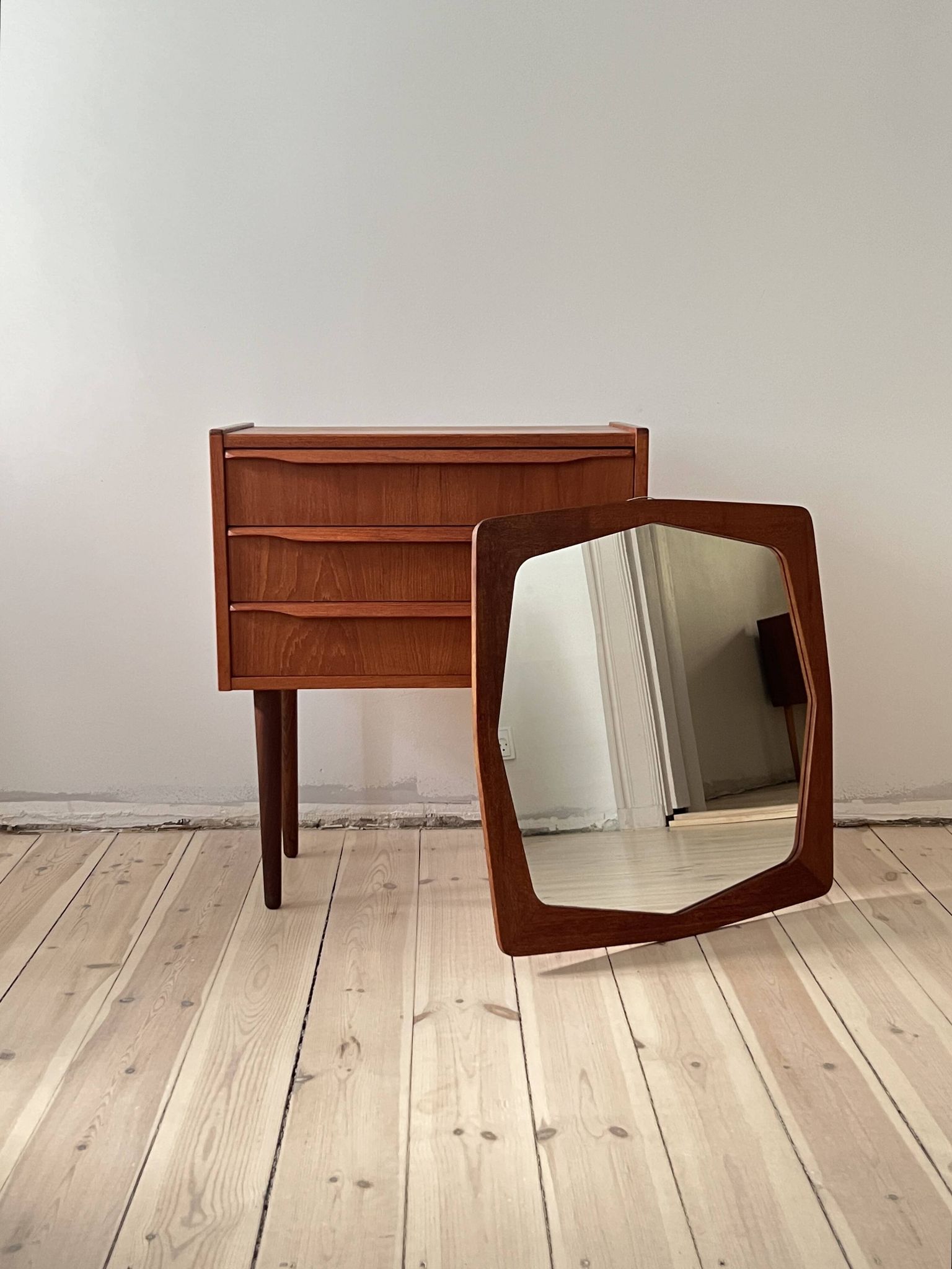 Danish vintage set of chest of drawers and mirror, teak, 1960s