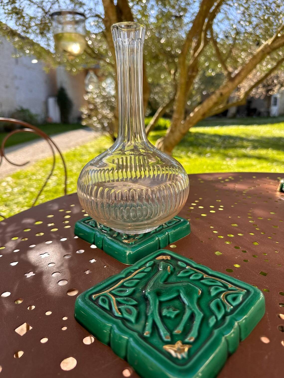 Vintage Emerald Green Ceramic Bottle Holder - Deer & Gold Decor