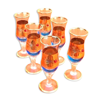 6 verres de Murano à liqueur, dorure sertie d'un cabochon à facettes rubis, années 1950