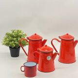 Set of red/white enameled metal coffee makers, vintage
