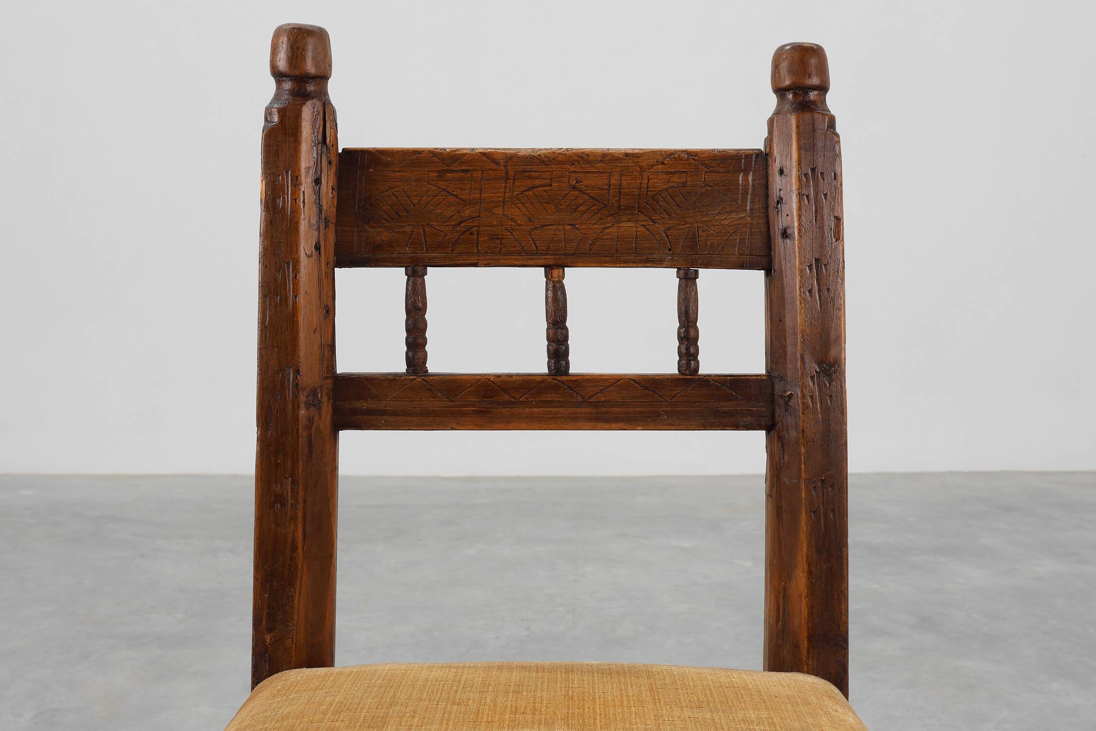 19th Century Spanish Hand-Carved oak Side Chair with Velour Seat