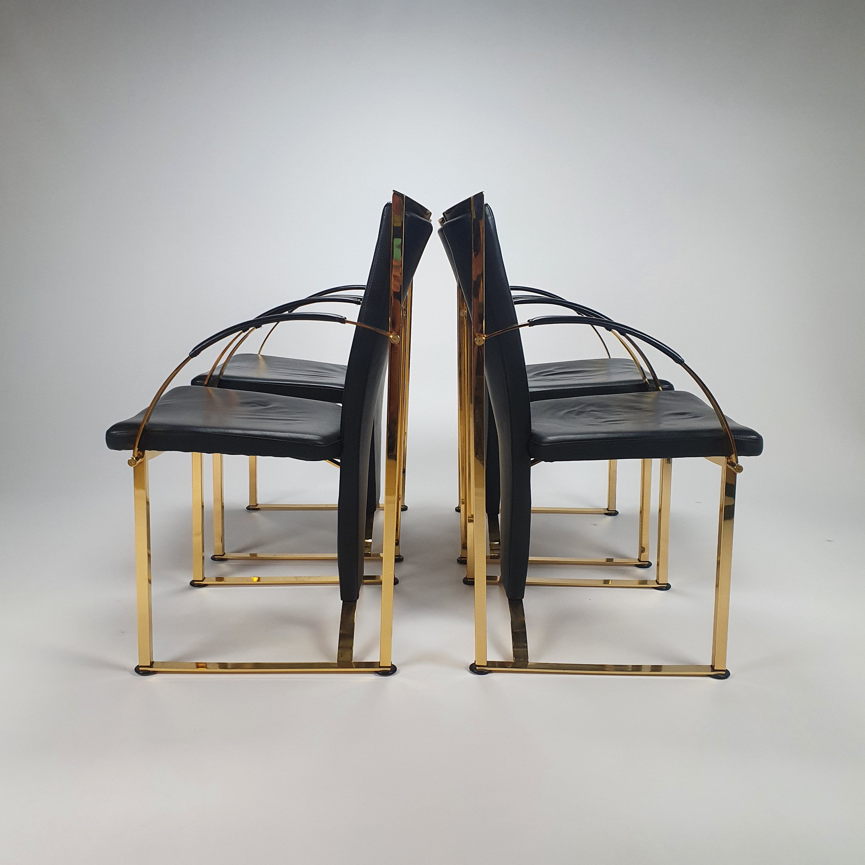 Regency exclusive brass & leather dining chairs by Ronald Schmitt, Set of 4