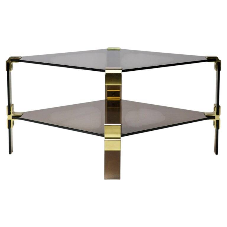 Hollywood Regency coffee table in smoked glass – Modular brass construction