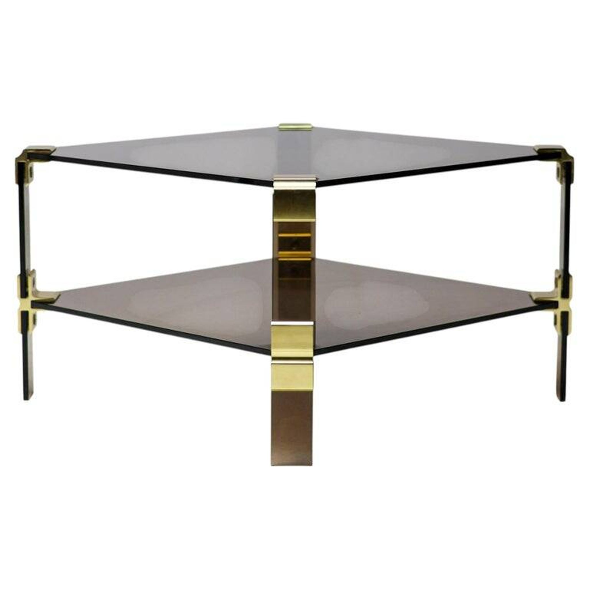 Table basse Hollywood Regency en verre fumé – Construction modulaire en laiton