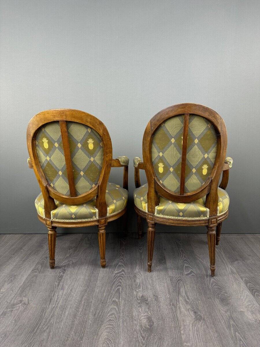 Pair of louis xvi armchairs in carved wood, late 19th century
