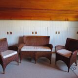 Two-seater banquette in woven rattan, wood and bamboo, 1980s.