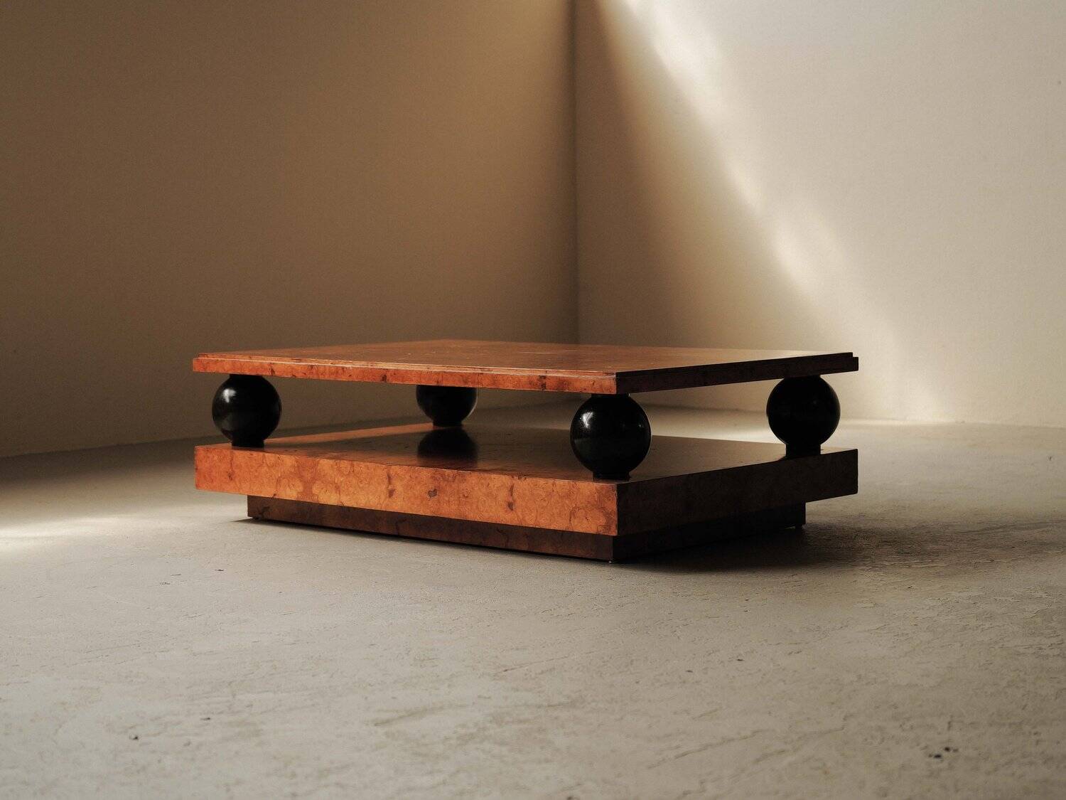 Large coffee table in elm burl, circa 1970.