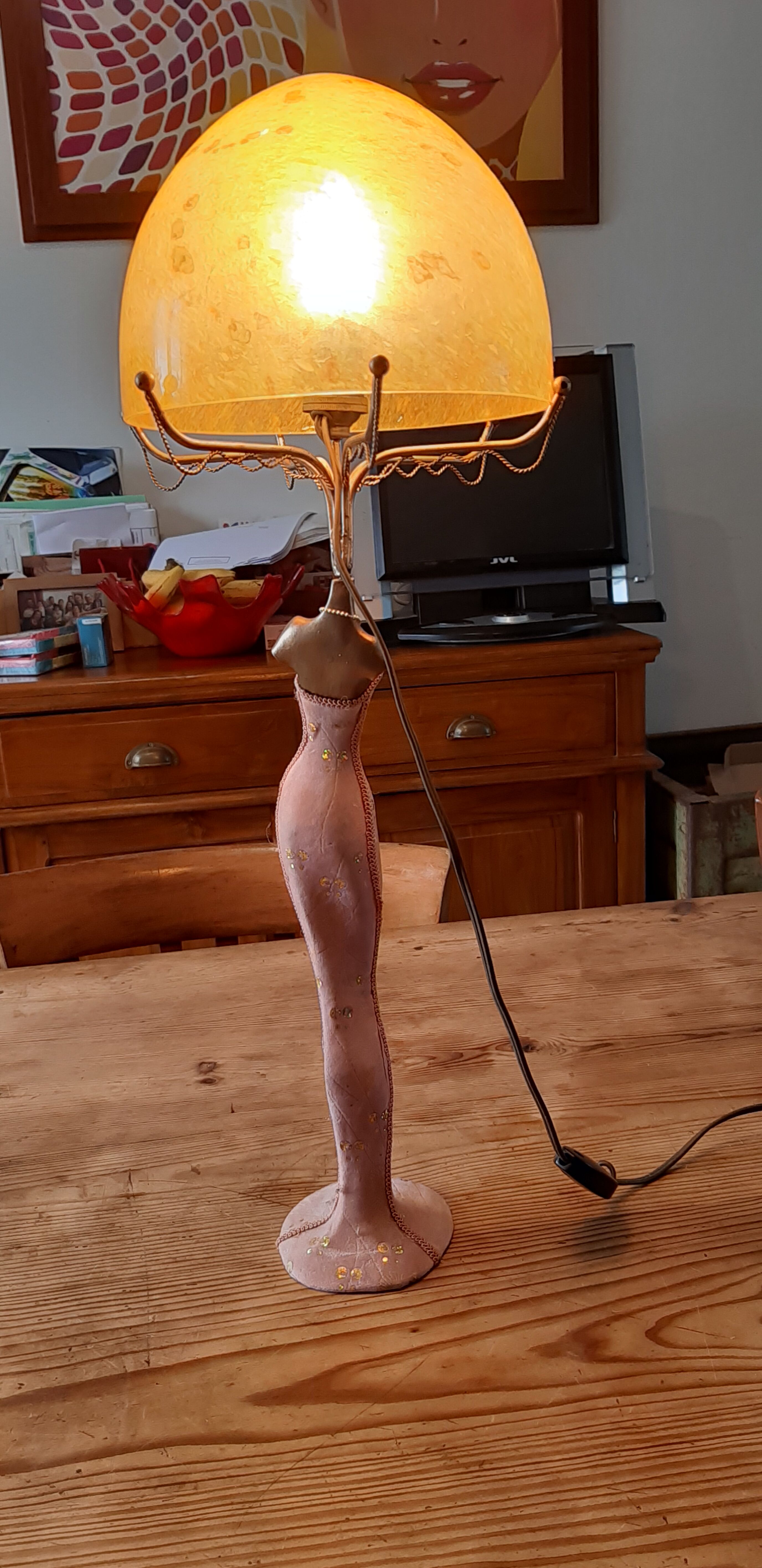 Art deco lamp golden metal and glass pate