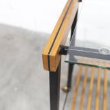 1960s serving cart, hi-fi cabinet on casters, teak, black metal, glass