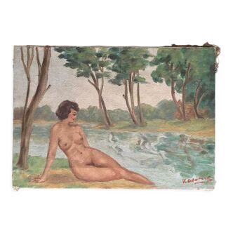 Peinture à l’huile antique française sur toile des années 1940