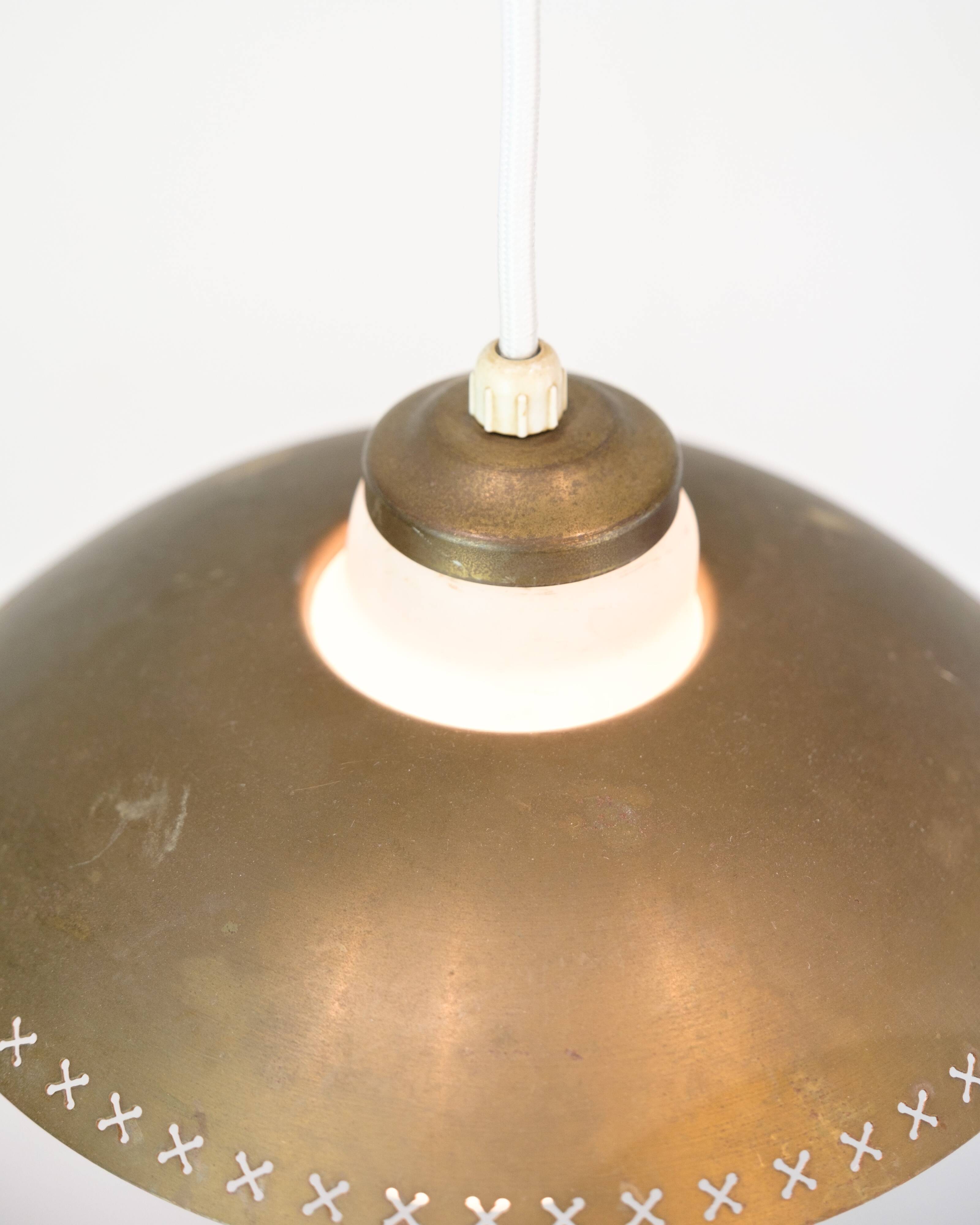 Vintage three-arm ceiling pendant – opal glass and brass – Bent Karlby –1950/60s
