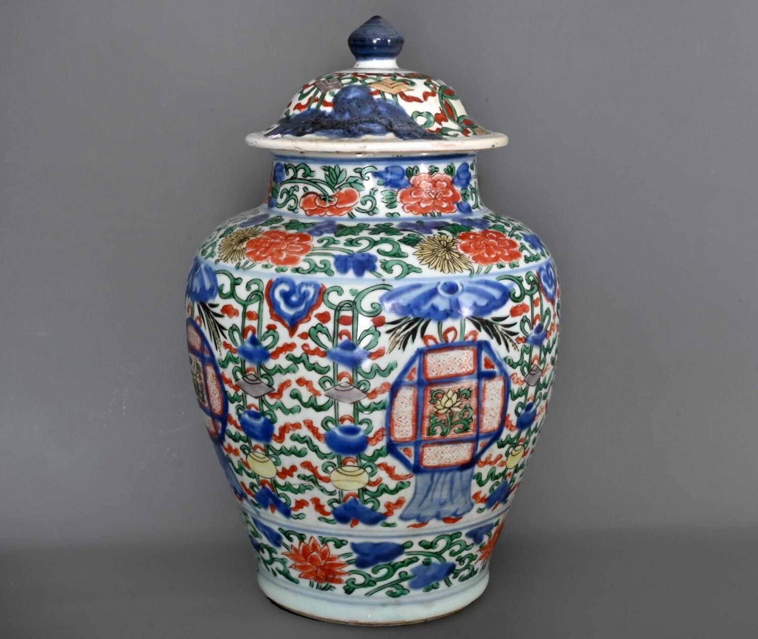 China 18th century Baluster covered pot in polychrome porcelain