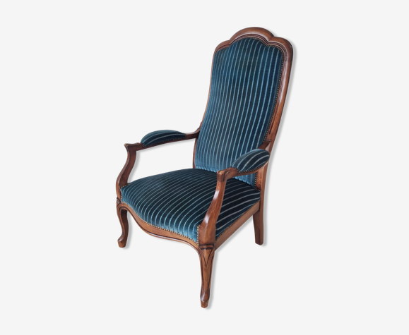 Fauteuil Voltaire velours rayé bleu