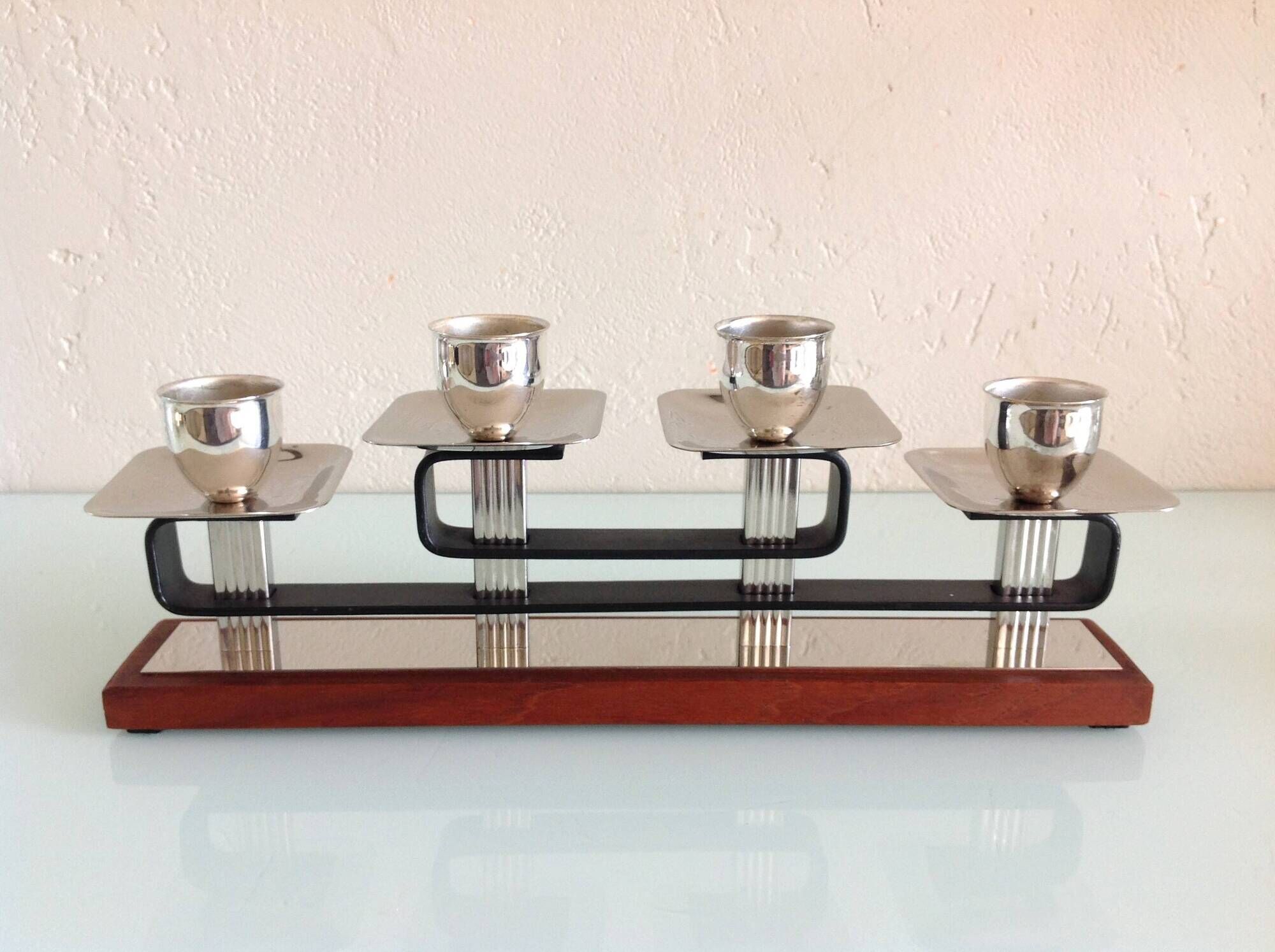 Four-headed candlestick in teak and chrome metal Scandinavian style / vintage 60s-70s