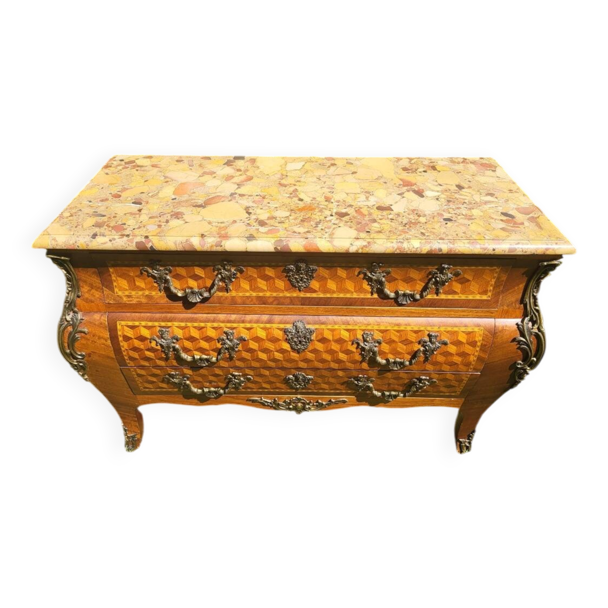 Commode style Louis XV marquetée – plateau marbr