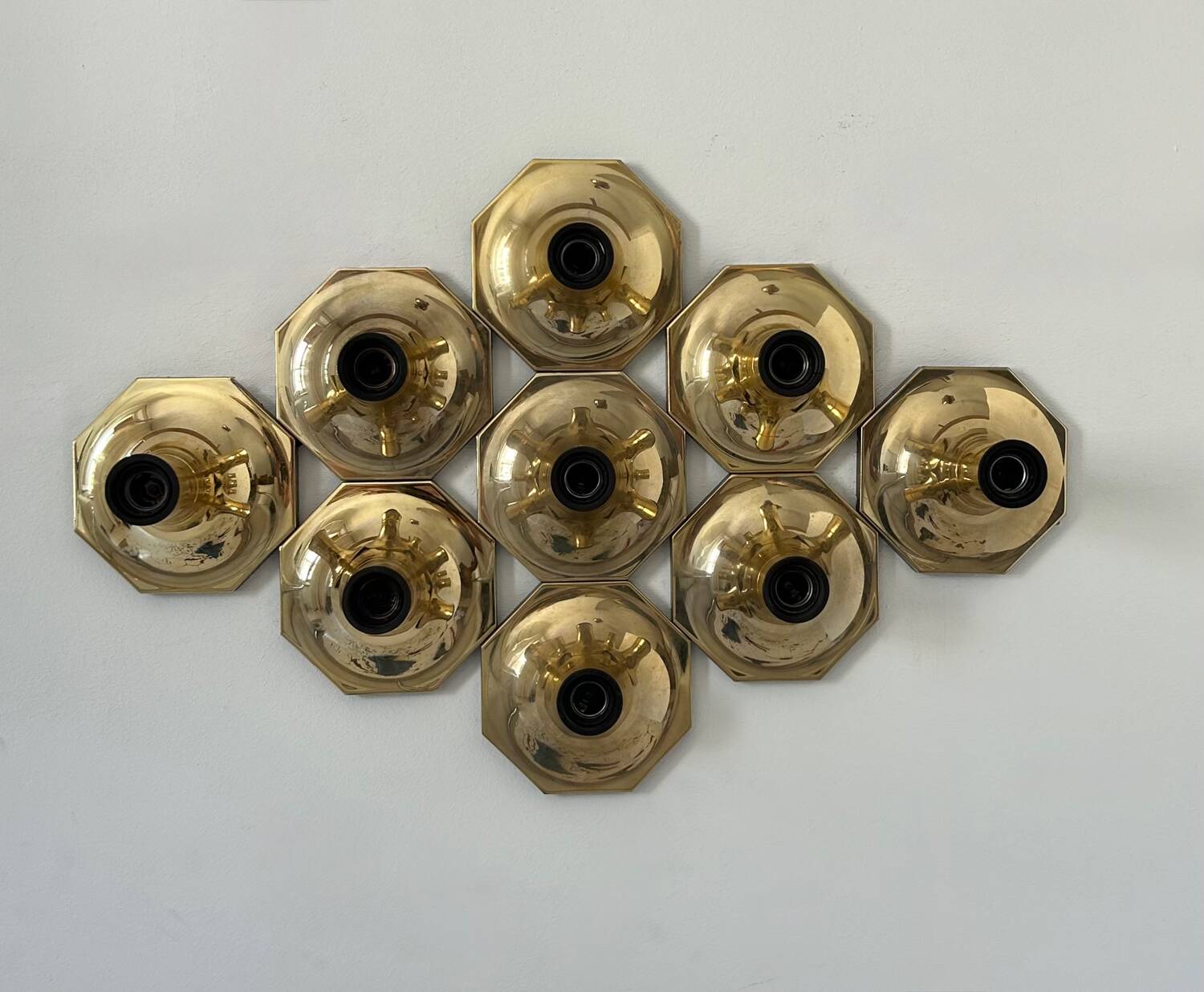 Set of 9 brass wall lights, Motoko Ishii for Staff Leuchten 1970