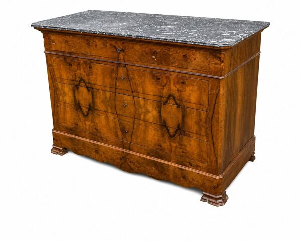 Commode Louis-Philippe noyer et ronce de noyer, plateau marbre gris– XIXe