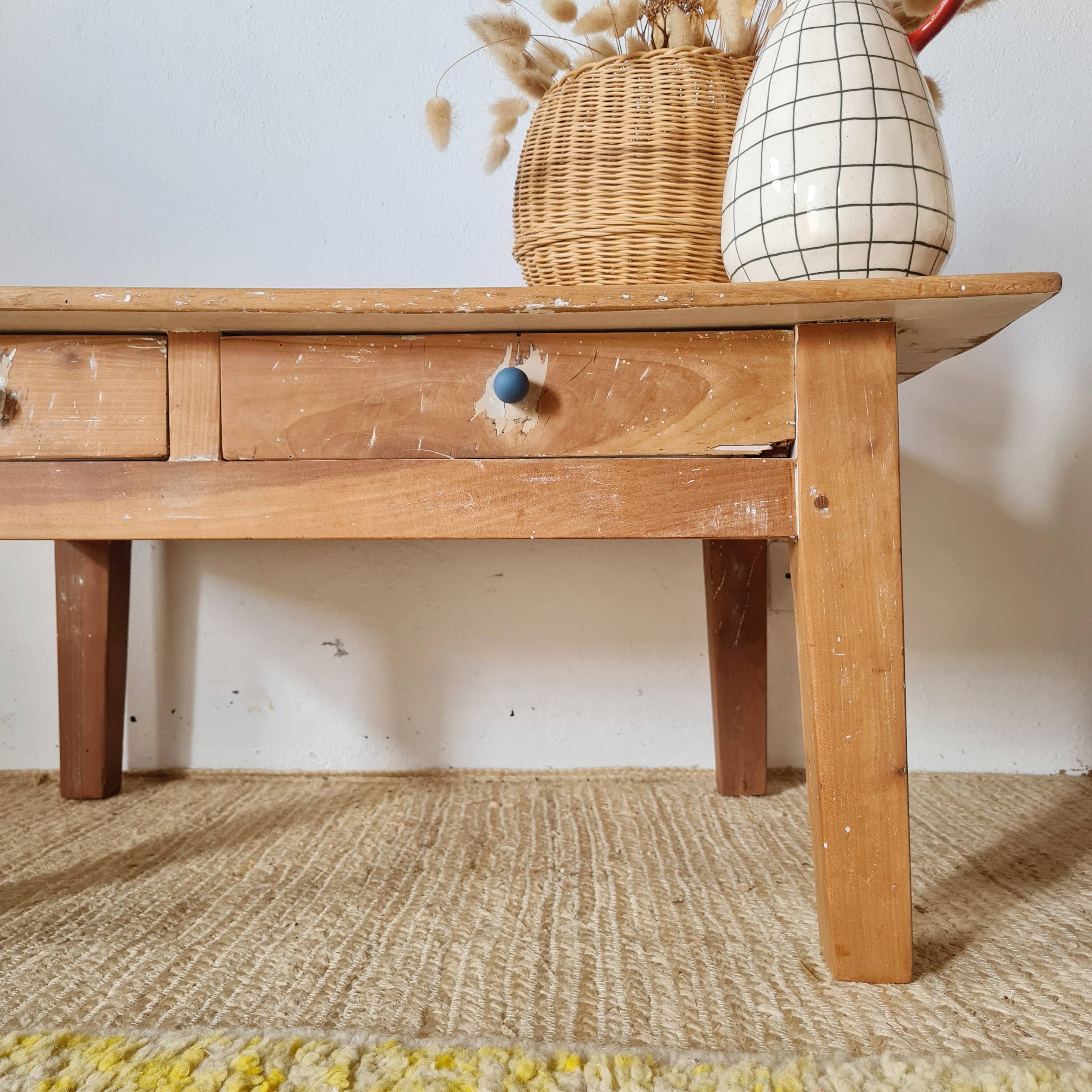 Table basse de ferme ancienne - 2 tiroirs