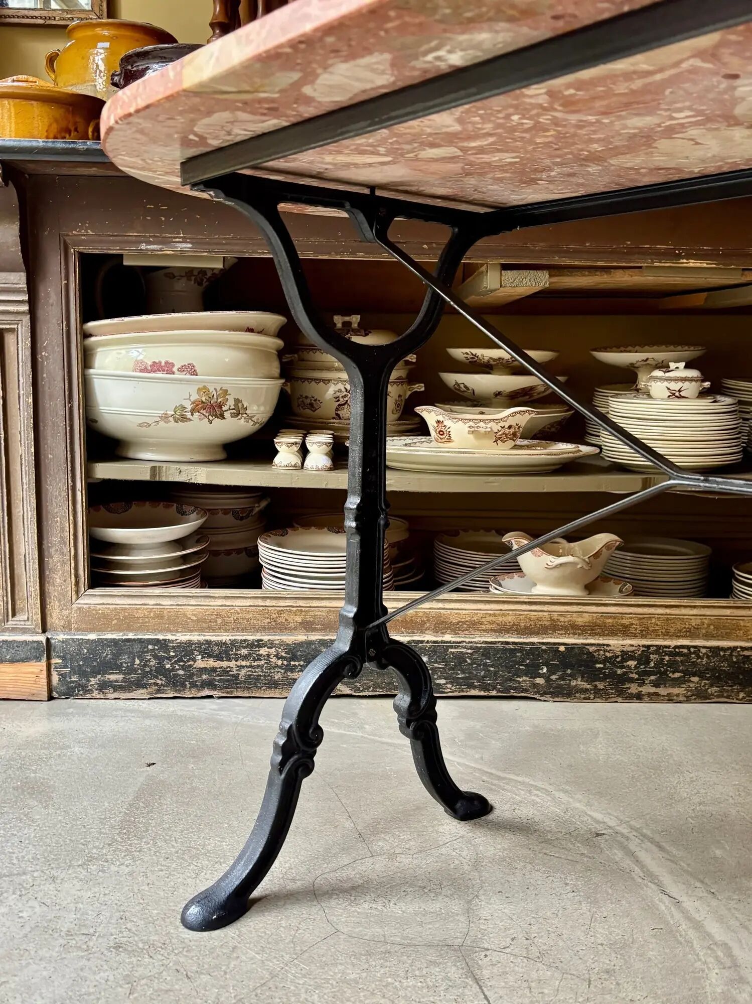 Oblong bistro table in Caunes stone and black cast iron, 120 x 60 cm