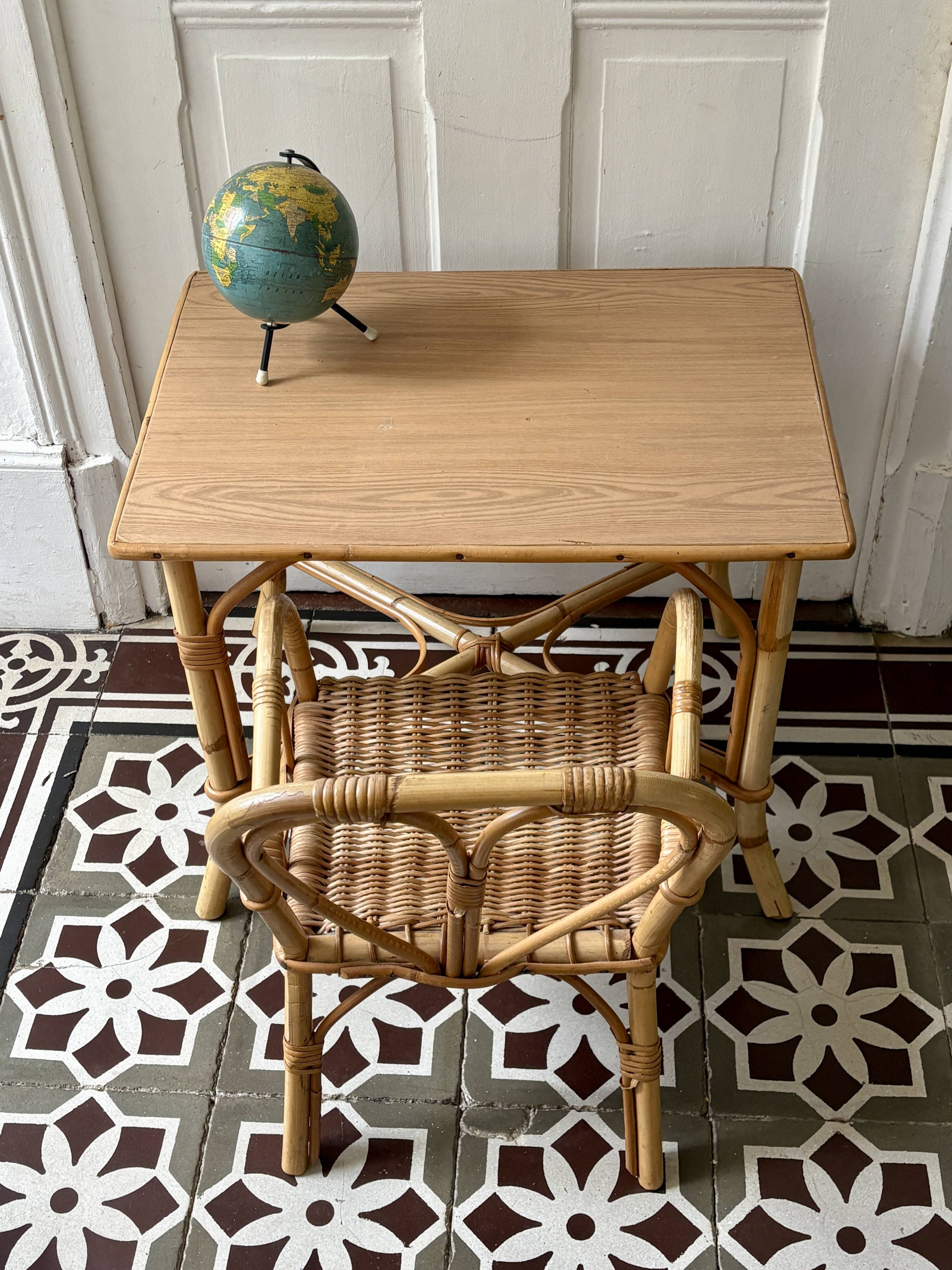 Vintage rattan desk and chair set for children
