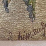 Watercolor painting "Landscape with the bell tower" signed, early twentieth century