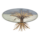 Table basse en verre et métal doré formant une gerbe de blé, années 1960