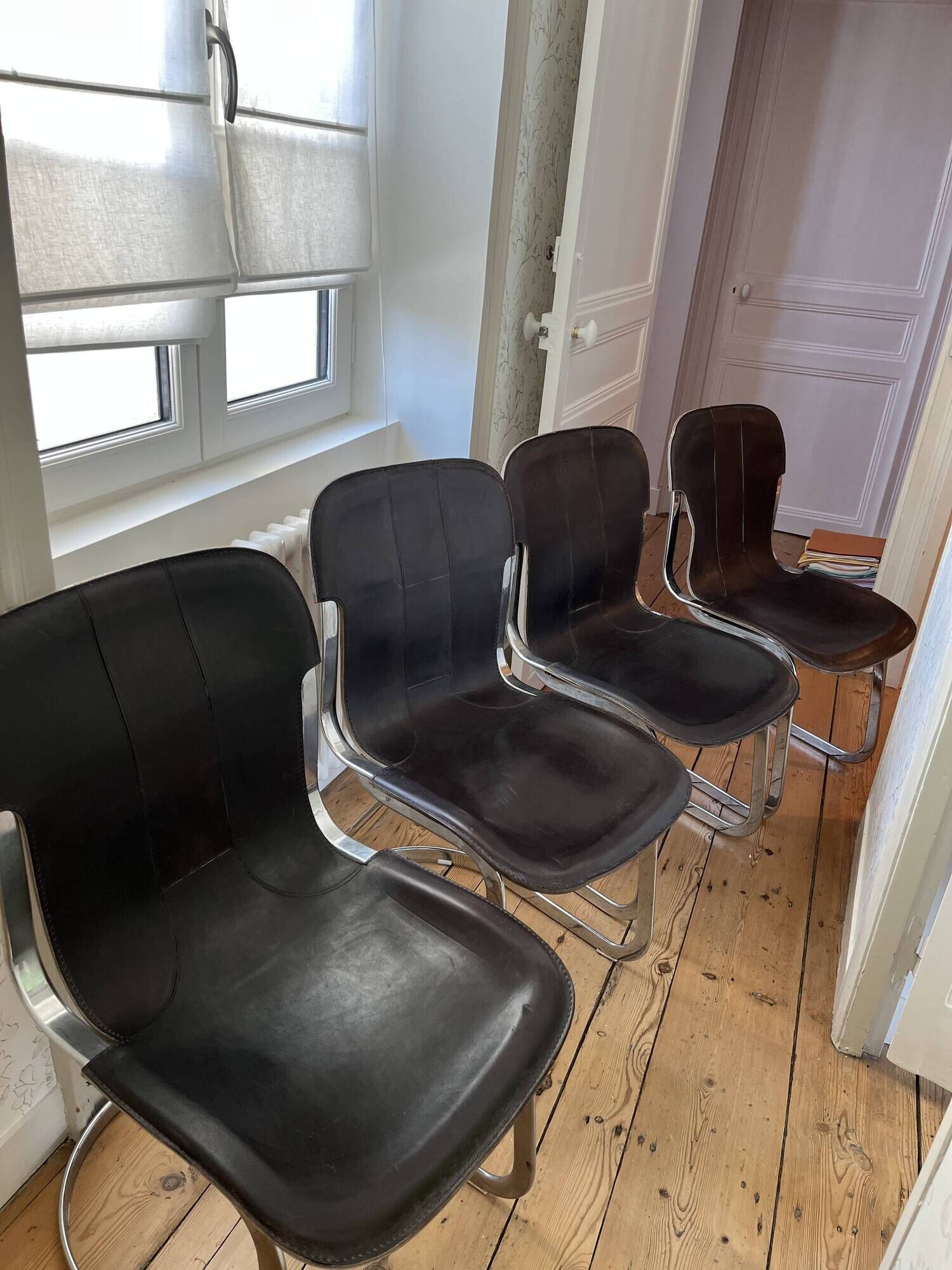 4 c2 chairs by cidue italy, in chrome metal and dark brown leather. 1970s.