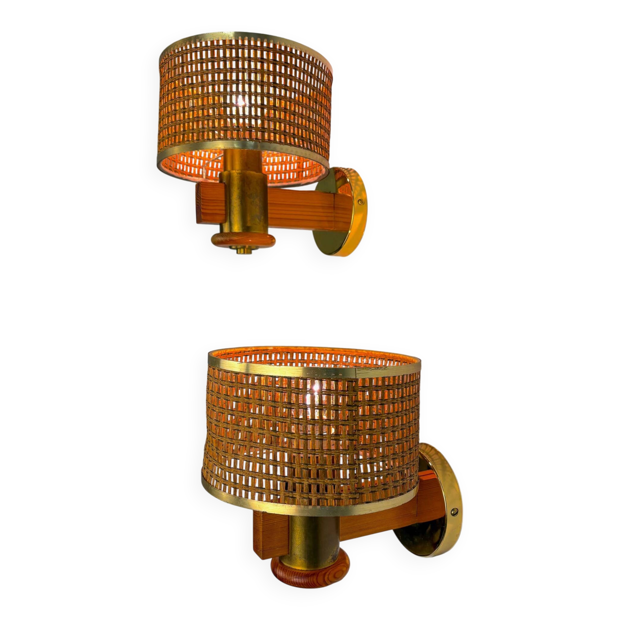 Pair of vintage rattan & wood wall sconces, Italy, 1970s