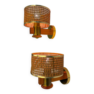 Pair of vintage rattan & wood wall sconces, Italy, 1970s