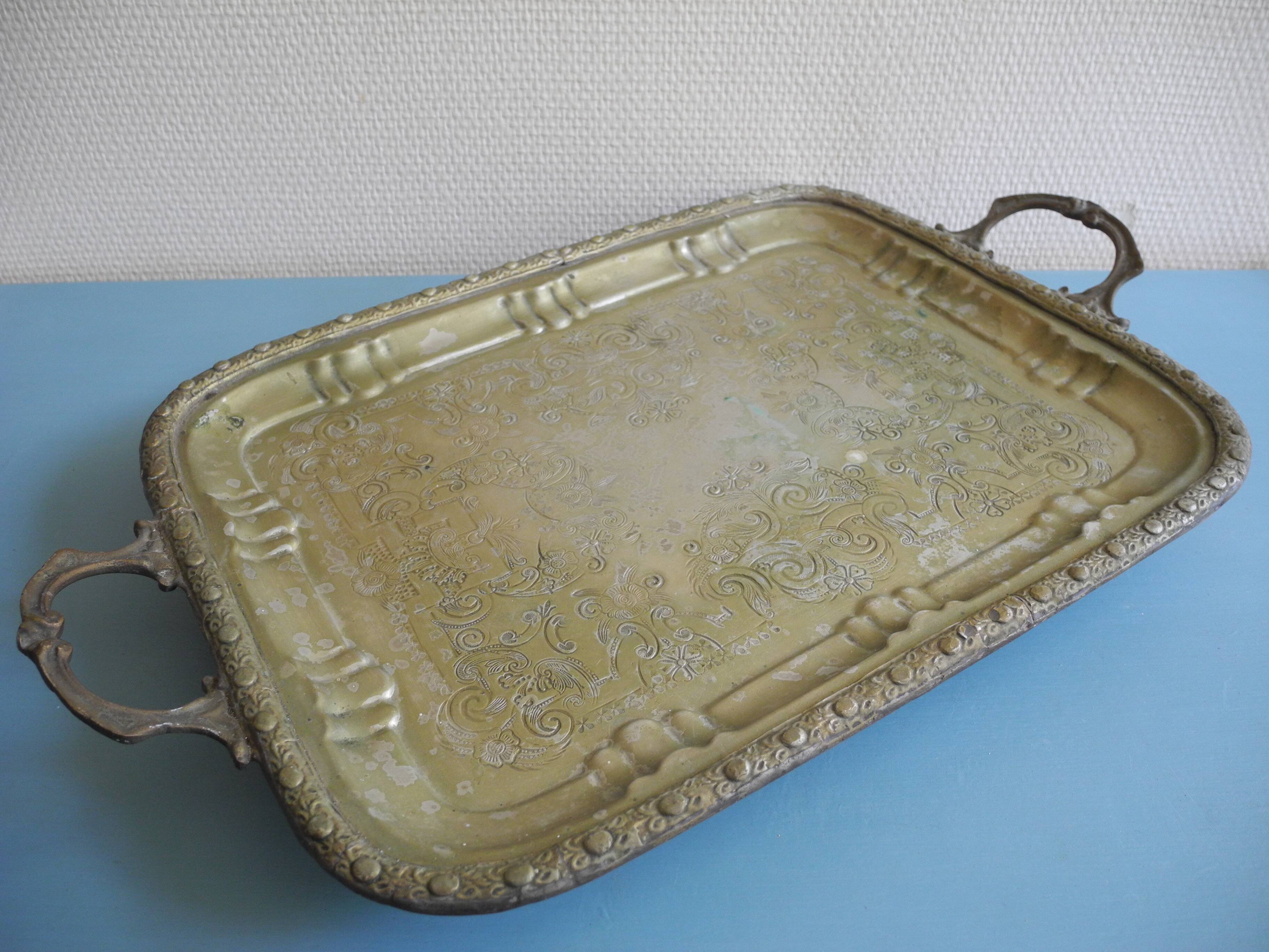 Ancien plateau thé métal argenté doré gilded silver-plated metal tea tray