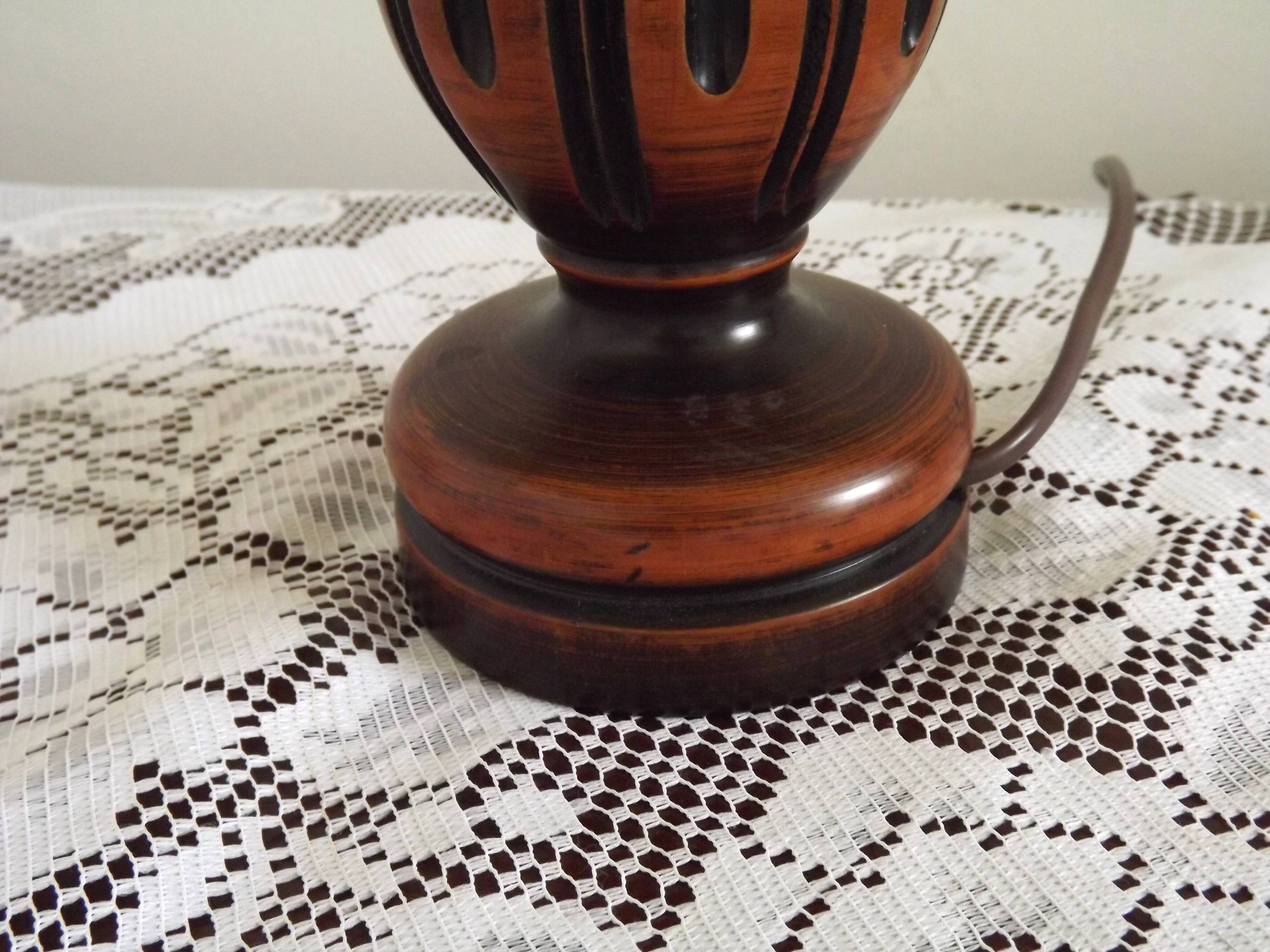 French Mid Century Round Turned Wood Grooved Table Lamp Map Detail Shade