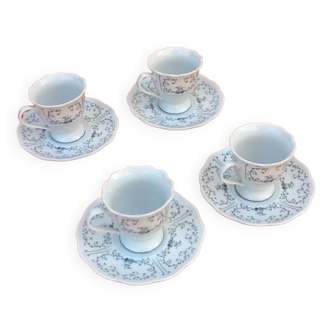 4 tasses soucoupes pied douche à café porcelaine décor arabesques / fleurs